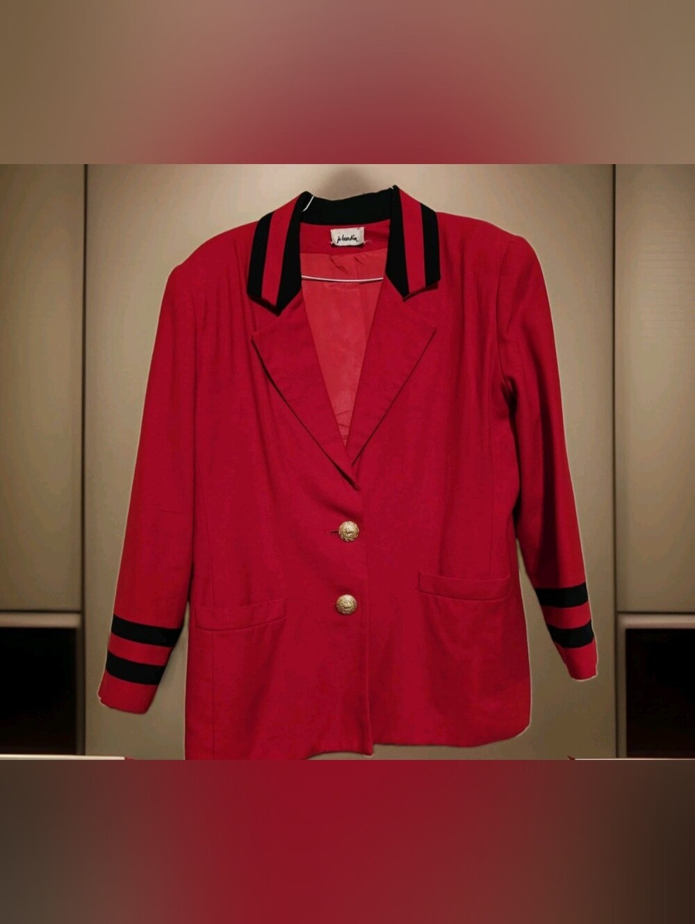Vintage 90s Jo Hardin Red Black Blazer Jacket Sz L Shoulder Pads Gold Buttons